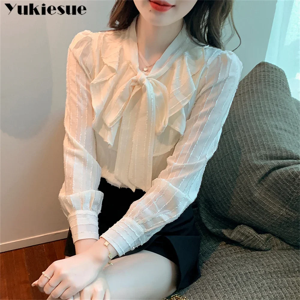 

elegant bow ruffels blusas mujer de moda 2022 summer Top female women shirts Women's shirt Blouses tops Long sleeve Chic woman
