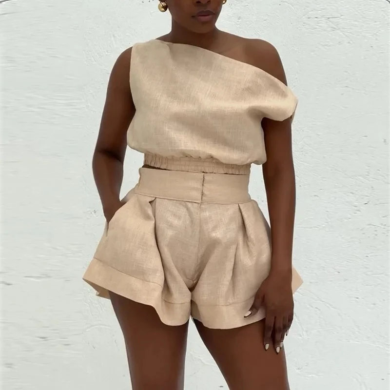 

Fashion Women's Summer Shorts Set 2025 New Solid Asymmetric Neck Crop Top with High Elastic Waist Shorts Woman Two Piece Outfit