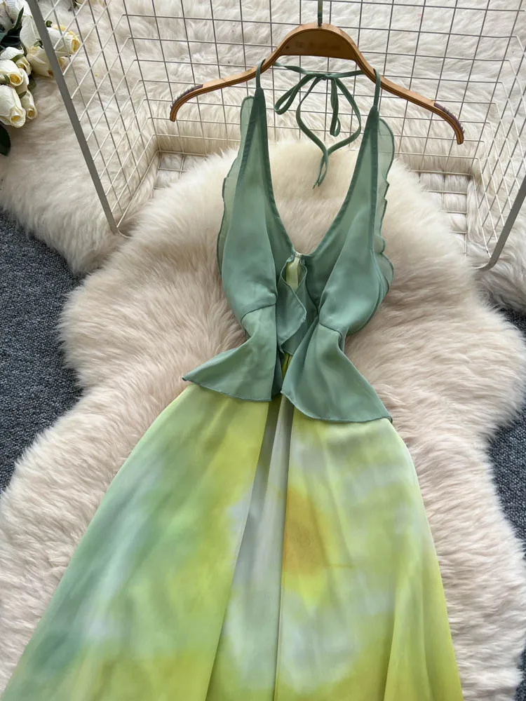 Beach Vaion Sle Dyed Print Maxi Dr Women's High Waist A-Line Summer Skirt No Sve Ne Hanging Gown Commute Ready