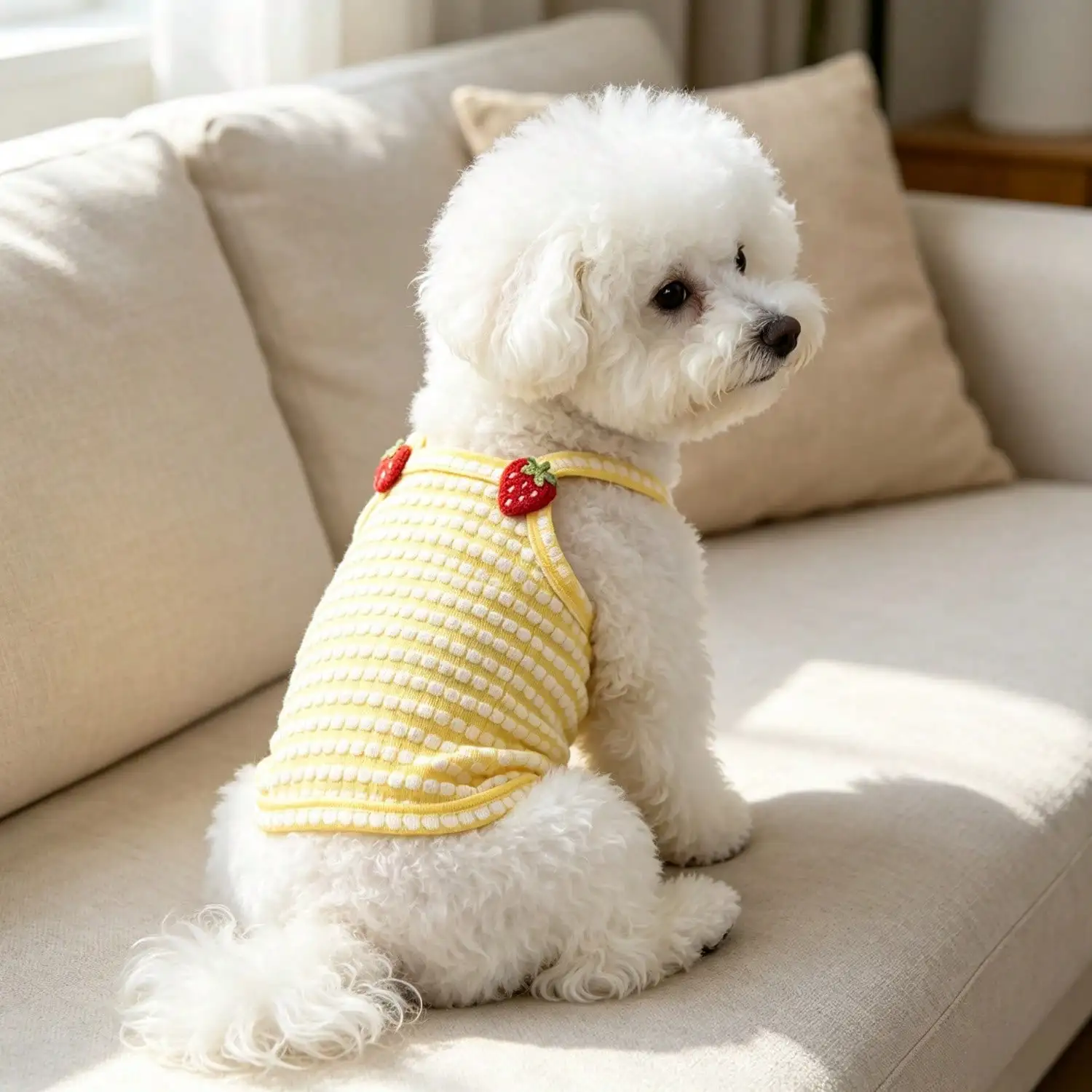 1 Stück gestreiftes Strick-Hundetanktop mit 3D-Frucht-Blumen-Ornament, atmungsaktive Welpenweste für kleine Hunde – Detail 27