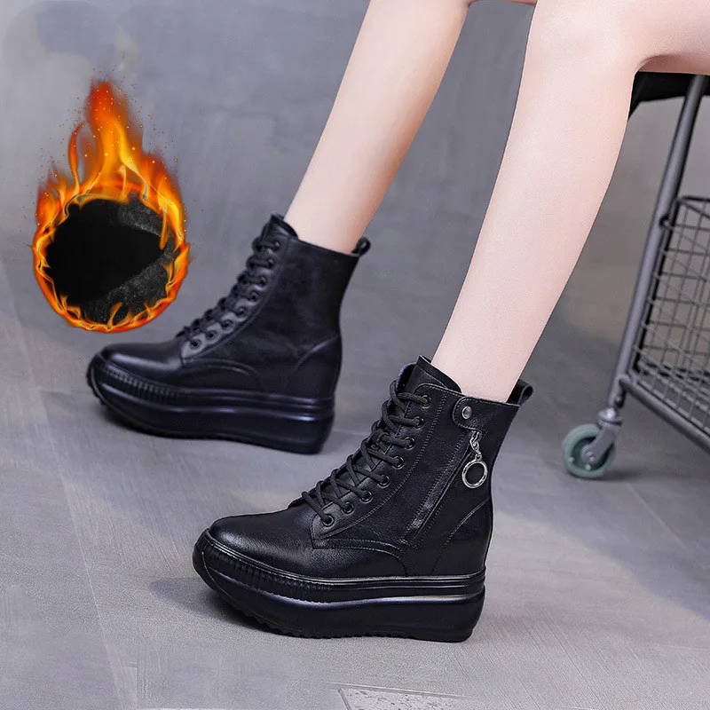 8cm Cow Genuine Leather Spring Autumn Winter Plush Warm Platform Wedge Hidden Heel Sneakers Chunky Super High Heels Women Boots