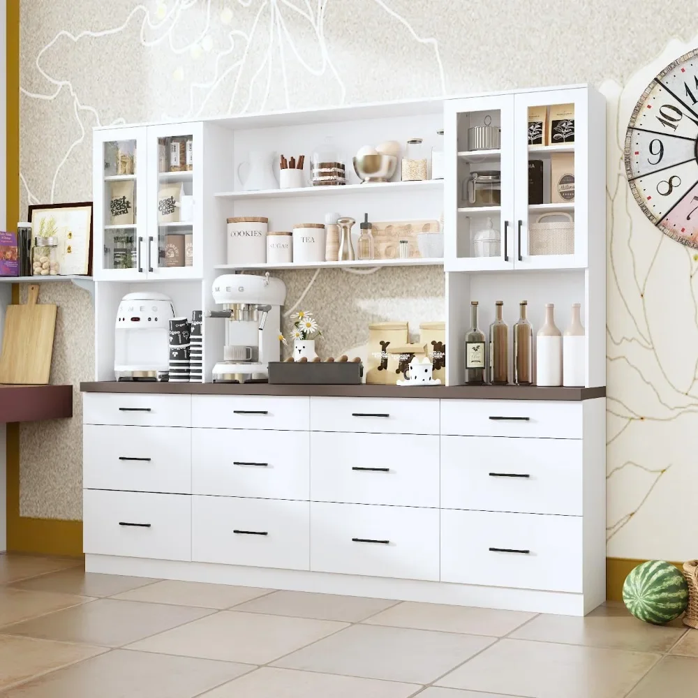 

Kitchen Pantry with Glass Doors, Large Kitchen Hutch Pantry with Drawers, Pantry Storage Cabinet with Shelves