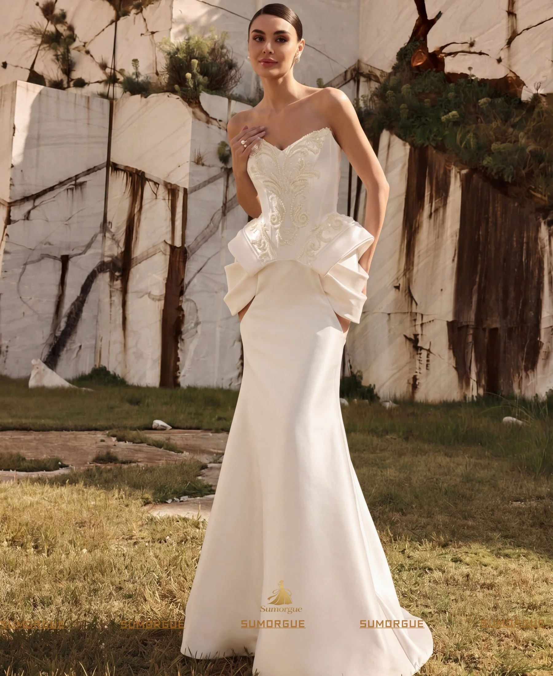Luxury Strapless Sweetheart Satin Mermaid Wedding Dress Pearl Embroidery Lace-Up 3D Ruffle highend Customized Vestidos De Novia