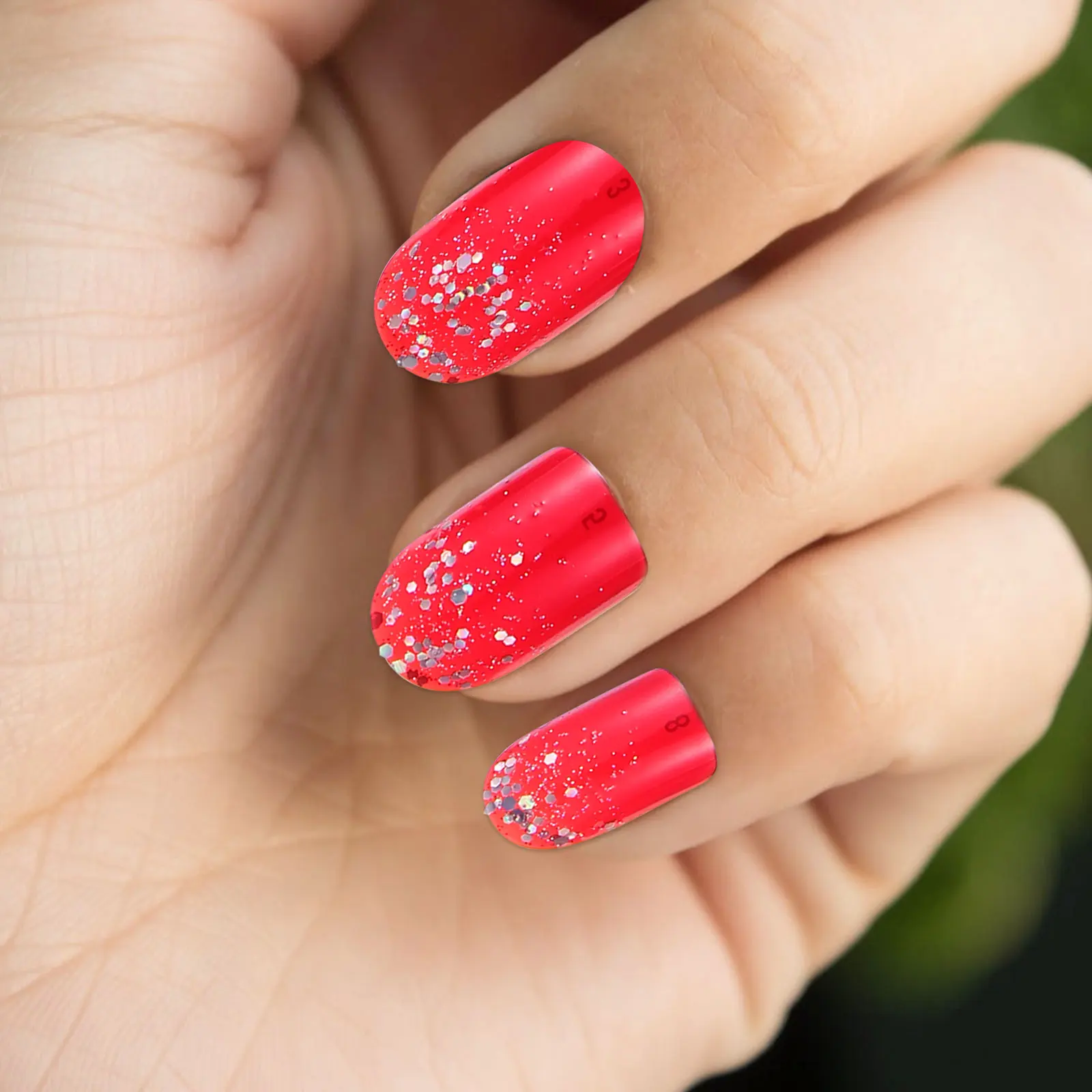

48 Pcs Red Glitter Fake Nails Short Square Full Cover Women False Decorate Women's