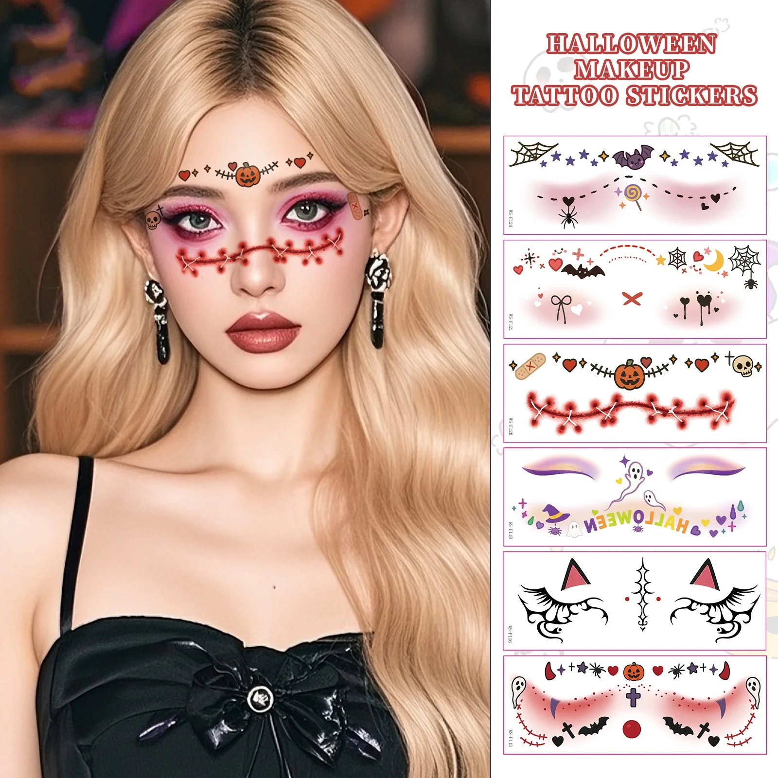 

12 Pcs Day of the Dead Halloween Waterproof Makeup Face Stickers Cute Witch & Trick-or-Treat Ghost Designs for Party Decorations