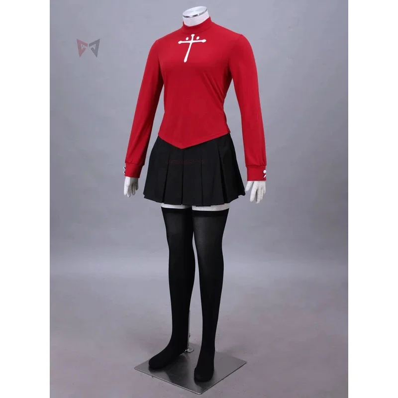 

Anime Fate Stay Night Tohsaka Rin Cosplay Costume Adult Plus Size Red Shirt Skirt Stocking Hairpins Set mj:3