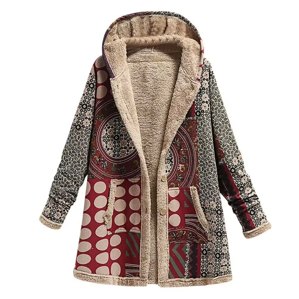 

Womens Cotton And Linen Coat Circular Printed Zipper Hooded Jacket