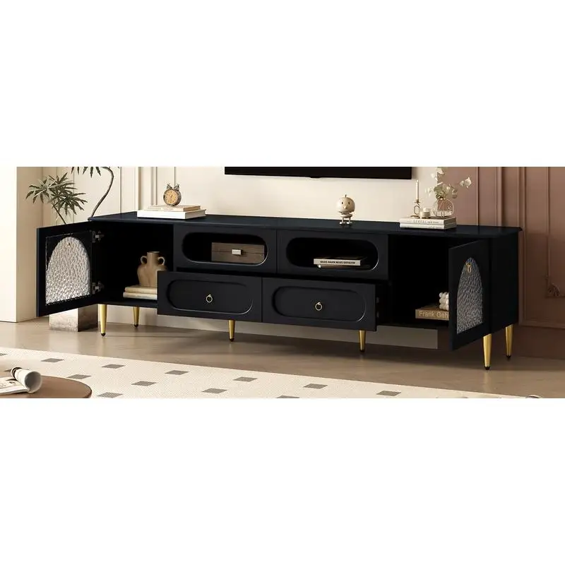 Retro TV Stand, Entertainment Center Media Console with Six Metal Legs, Dual Cabinets, Four Drawers, Anti-tip Device, Holds TVs