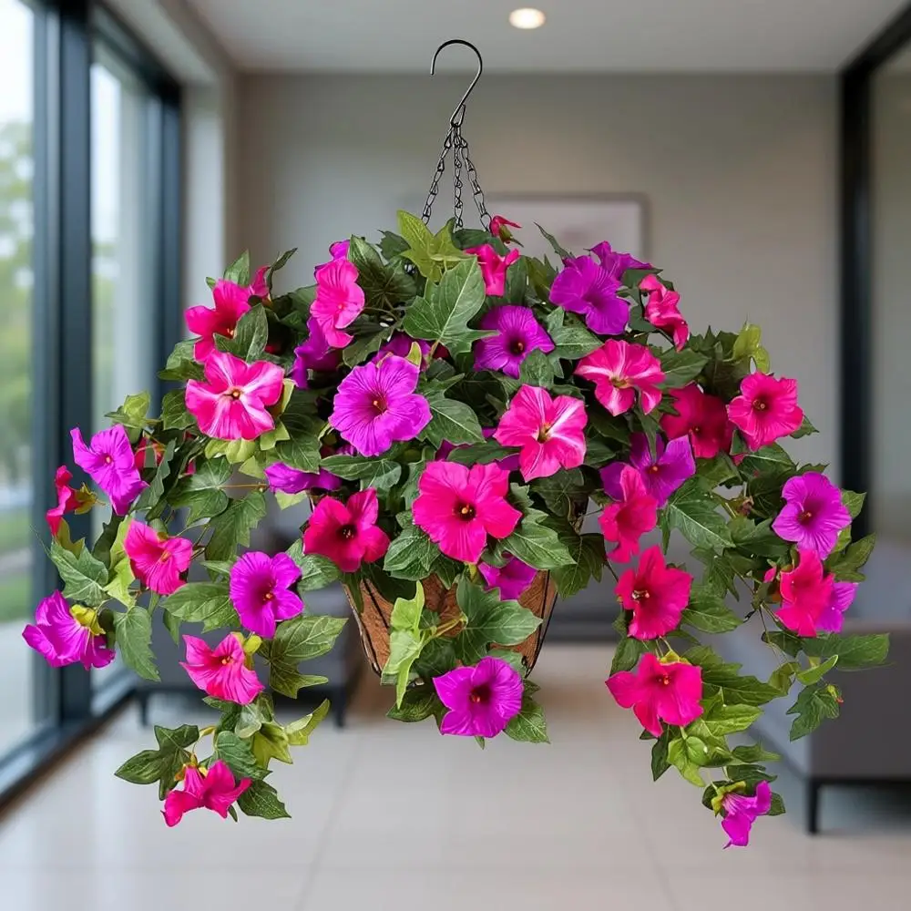 

UV-Resistant Purple Artificial Petunia Hanging Baskets, Set of 3 for Outdoor or Indoor, Realistic Spring Decor