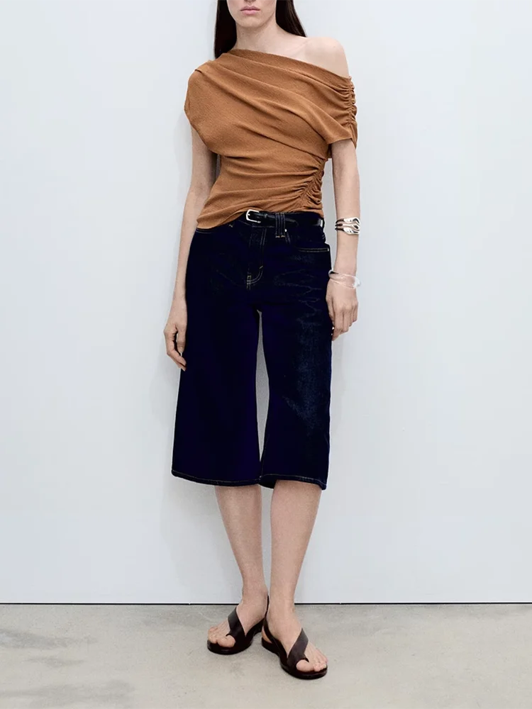 Abnehmen elastische plissierte symmetrische Oulder Sommer neue Damen Top Pendeln Sle regelmäßige Länge Svel Weste Bluse