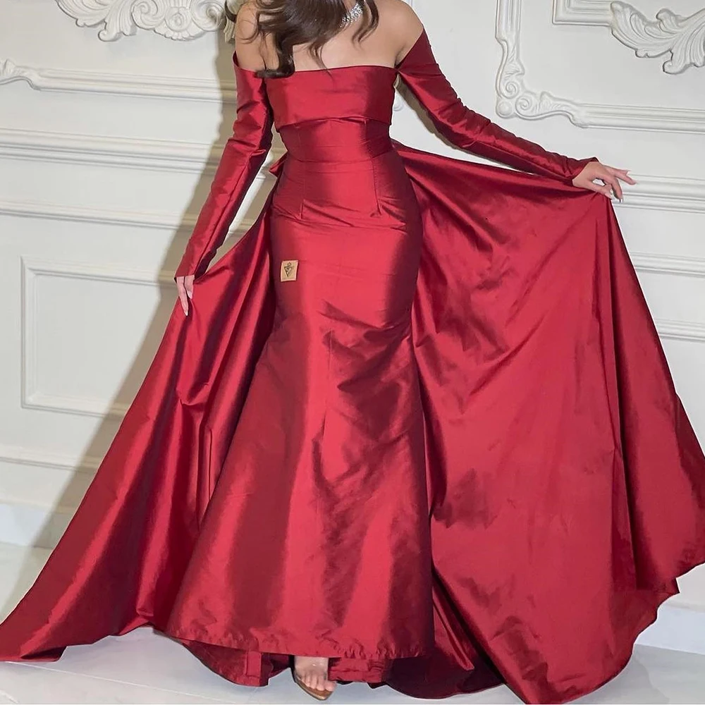 

Customized Satin Straight Off the Shoulder Bow Evening Dress Strapless Long Sleeves Floor Length Panel Train Burgundy Luxury