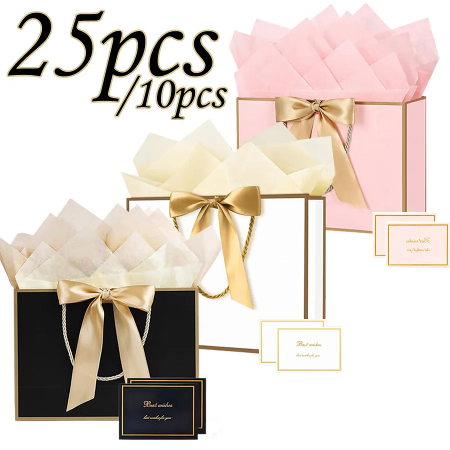 25/5 Stück. Schwarz/Weiß/Rosa Geschenktüten-Set, 28x20x10 cm, mittelgroß, 1 Set = 5 Stück = (Geschenkbox + Karte + Seidenpapier + Schleifenband)
