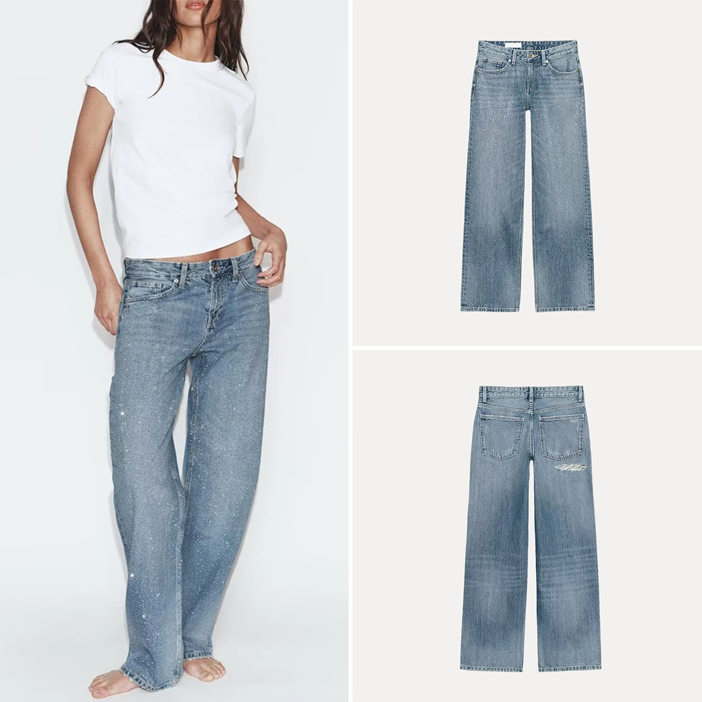 Women's Summer Casual Washed Glitter Low Waist Straight Leg Jeans Glowing Sequin Loose Fit Natural Waist Button Closure