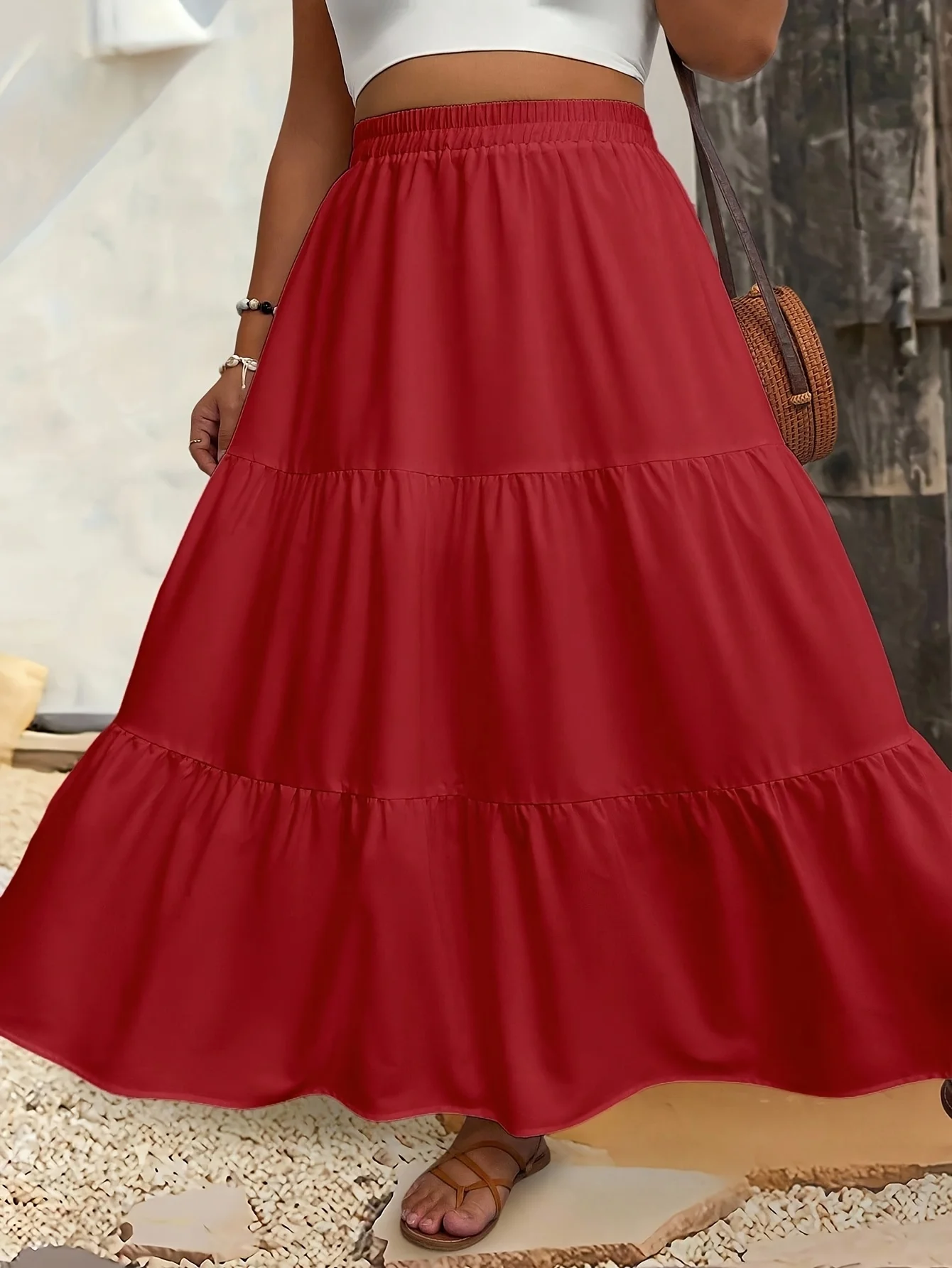 

Women's Plus Size Burgundy Tiered Ruffle Maxi Skirt Elastic Waist Casual Boho Skirt