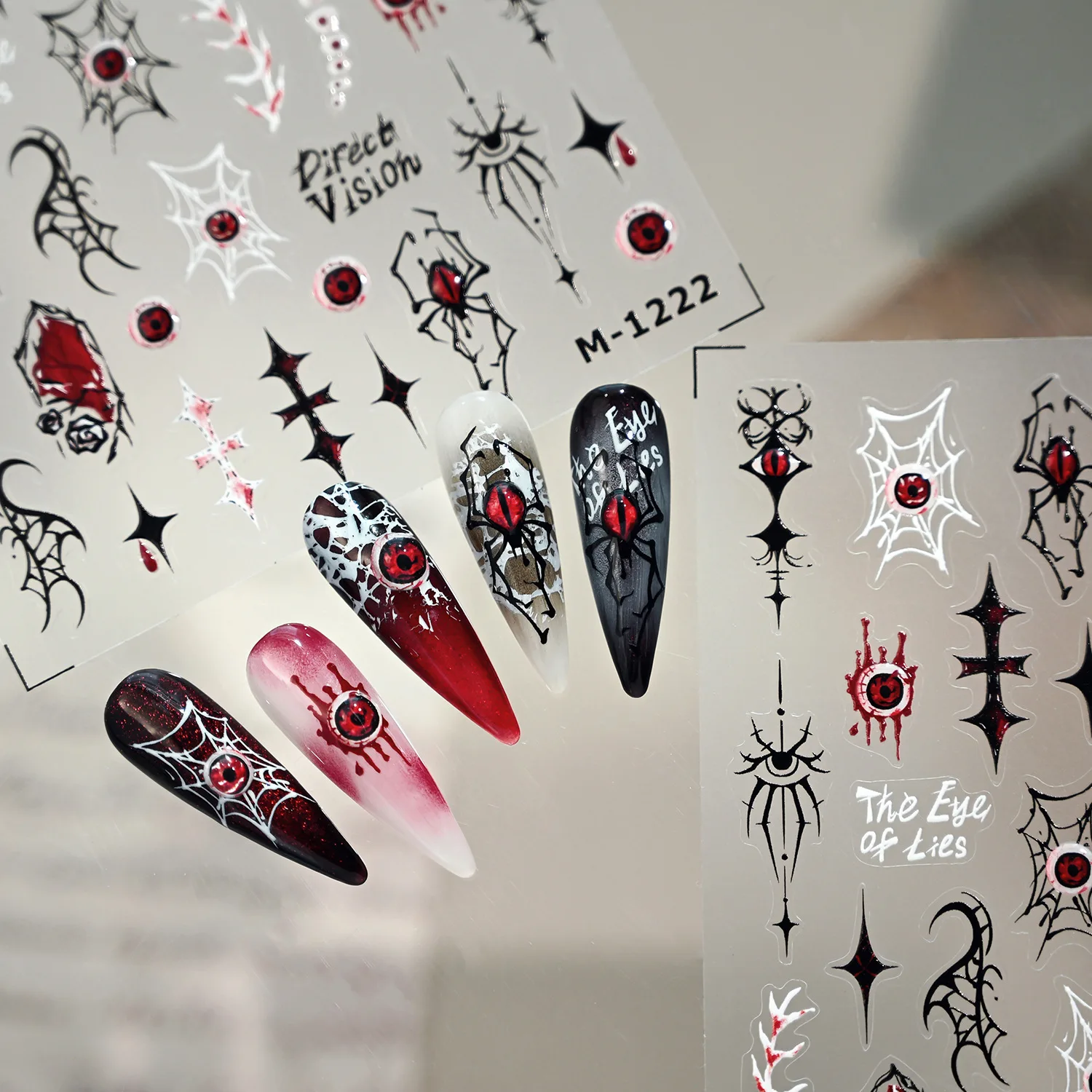 5D Gothic Halloween Rode Duivelsoog Spinnenweb Ghost Bone Sword Cross Adhesive Nail Art Stickers Decals Manicure Wild Charms