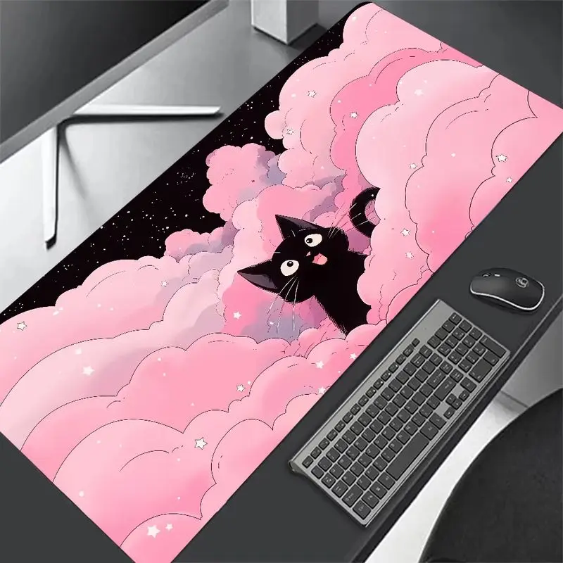 VIKAMA Pink Cloud Black Cat Large Mouse Pad Non Slip Waterproof Desk Mat Star Cute Keyboard Table Protector Girl Office Decor