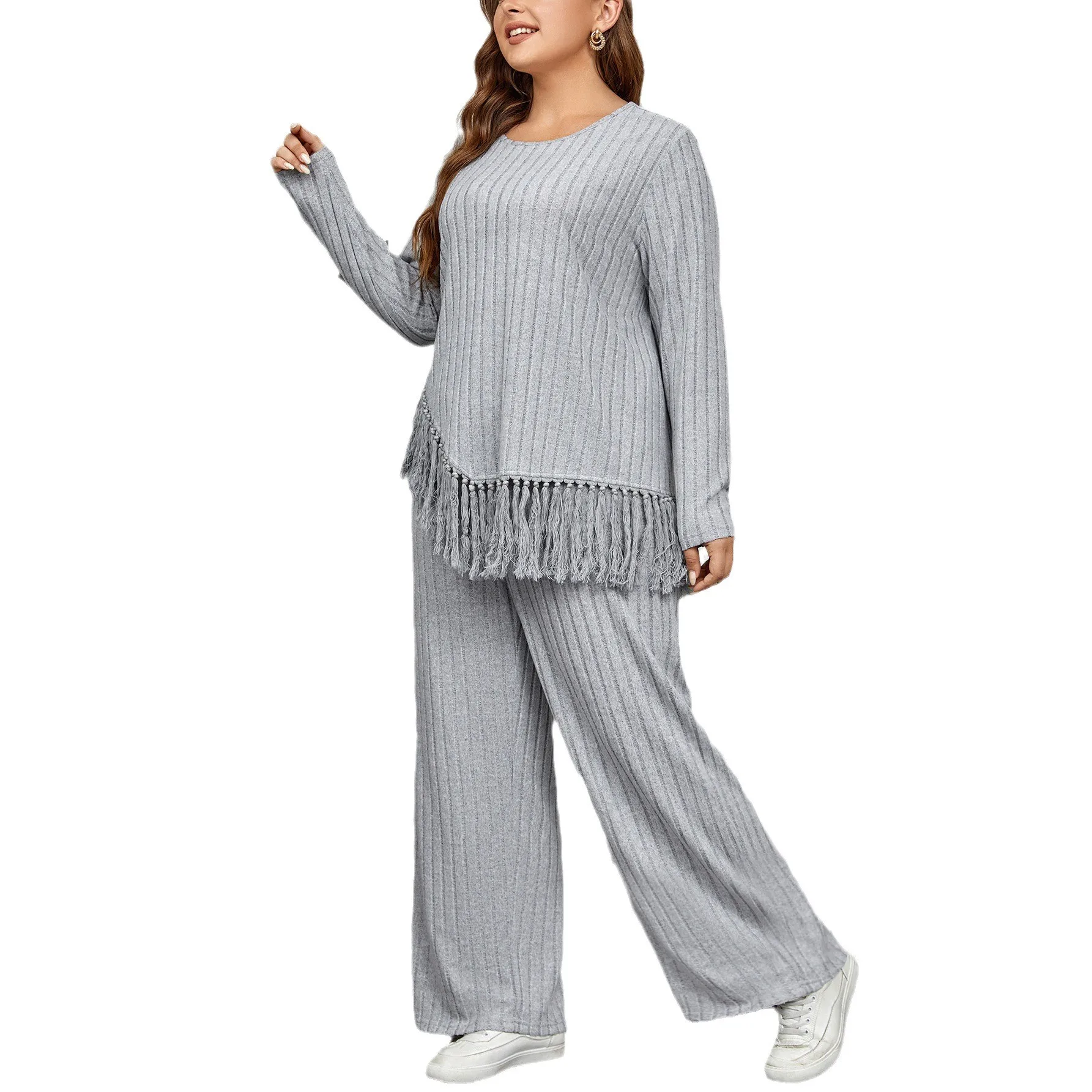 Women's 2-piece Set Casual Pants Hollow Out Sleeve Top Trousers Ribbed Knit Gray Long Pants Fringe Trim Olive Green Wide Leg