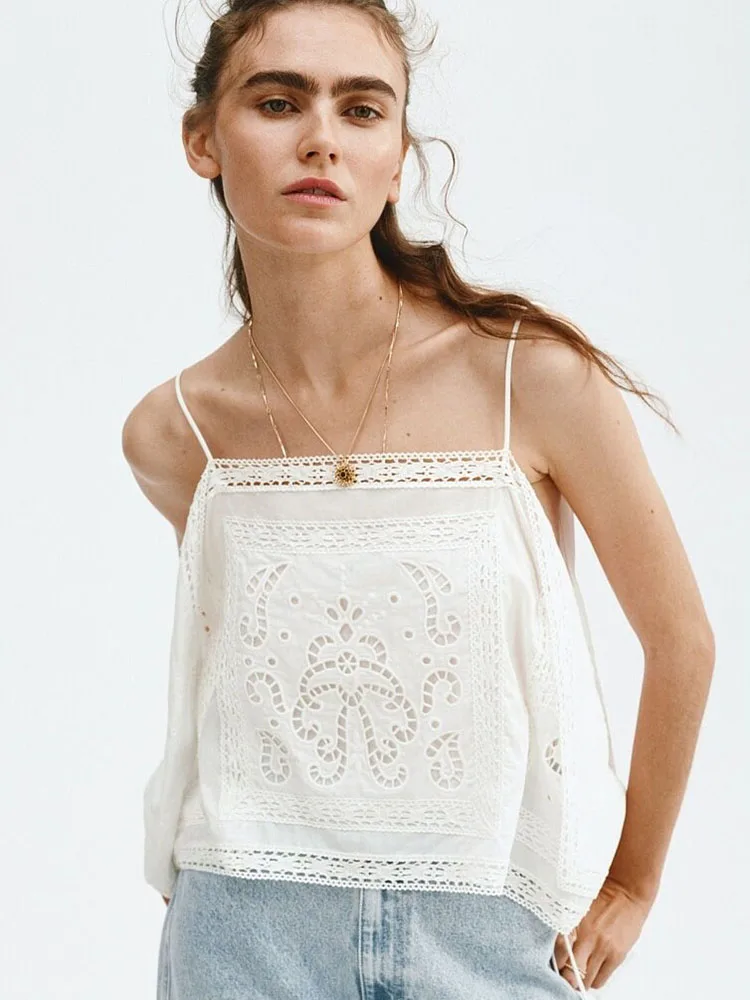 2026 Summer New Fashion Sexy Simple Hollow out Embroidery Strap Top Women's Clothing Elegant Personality Transparent Design