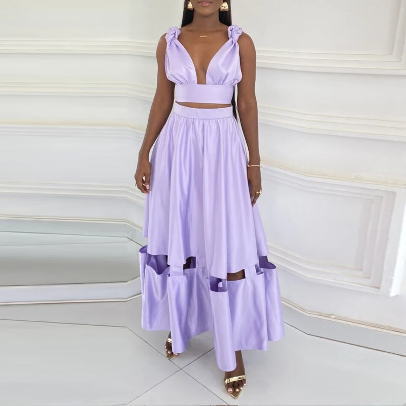 Fashion Solid Color High Street Set Summer Sleeveless Deep V Crop Tops+High Waist Hollow Skirt Set Elegant Temperament Party Set
