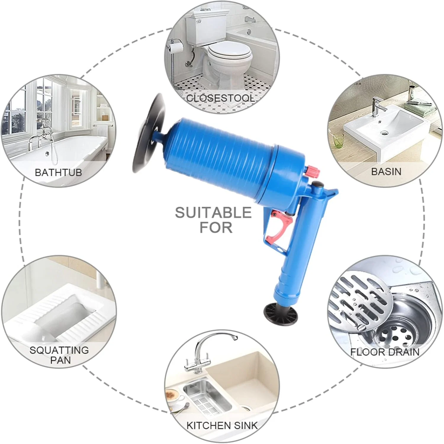 High Pressure Drain Blaster Air Drain Blaster with 4 Sized Suckers, unclog drains instantly, reusable and