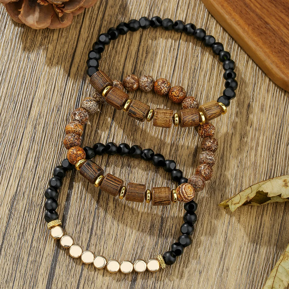 

3Pcs/Set Men's bohemia layered wooden beaded bracelet set for men ethnic weathered onyx bracelet man jewelry