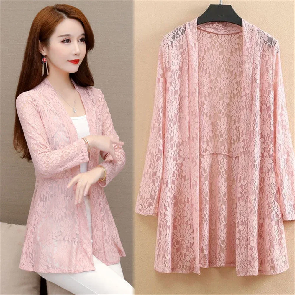 

2022 Women's Summer Women Mid-Length Mesh Tops Sun Protection Thin Shawl Coat Female Long-Sleeved Lace Cardigan 3XL 4XL 5XL