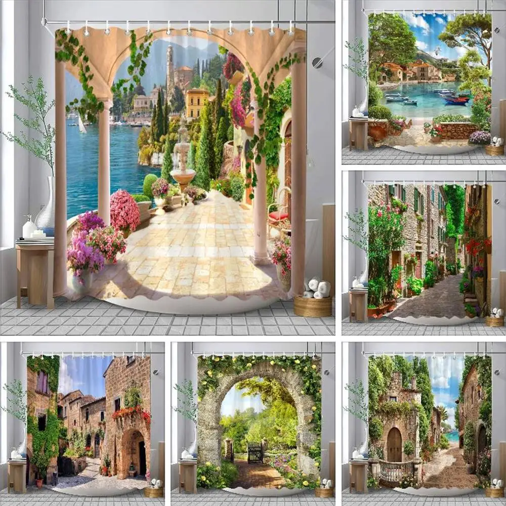 Outdoor Garden Landscape Shower Curtain Lapa Old Town Coastal Landscape Mediterranean Landscape Shower Curtains Bathroom Decor