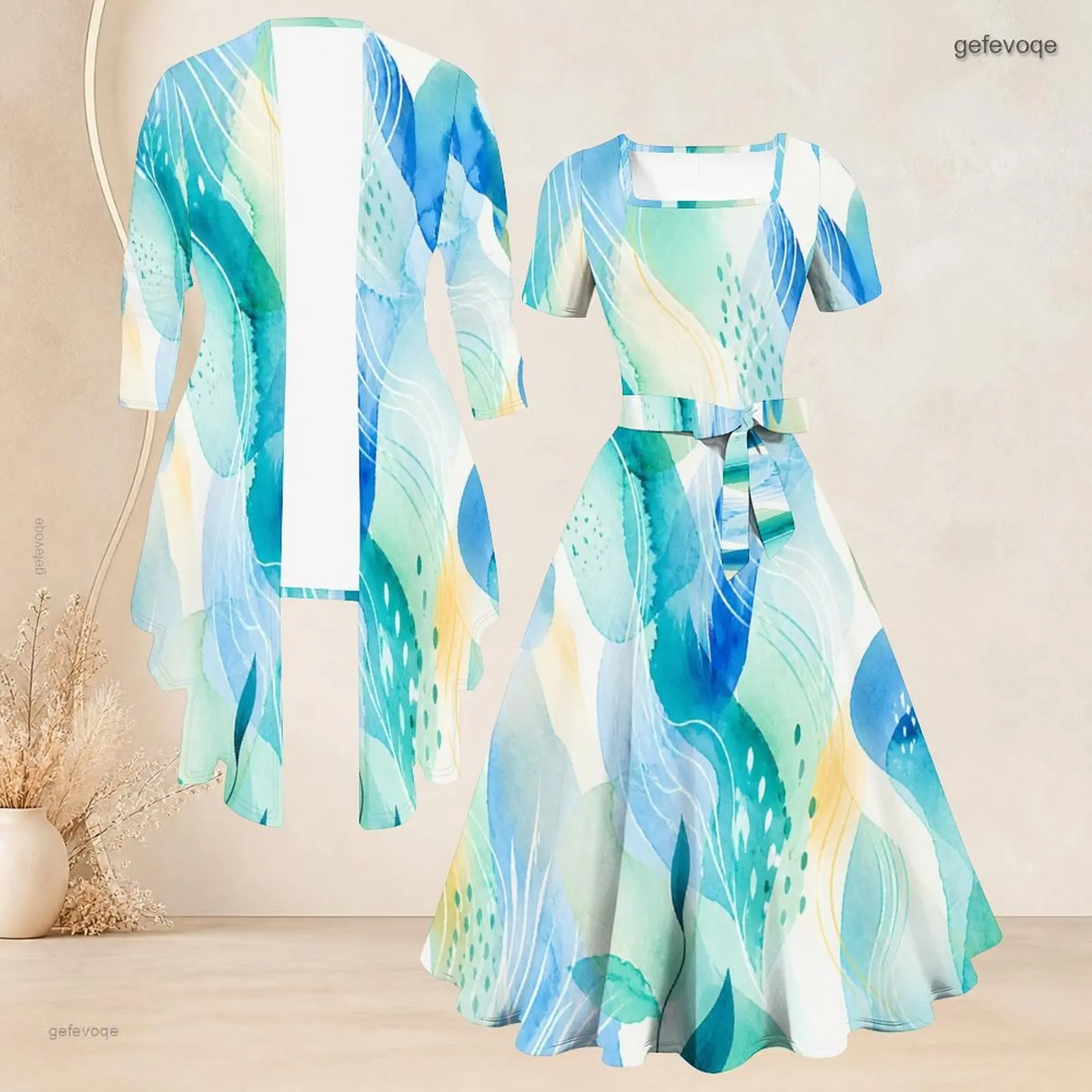 Women Dress Set with Print Long Sleeve Cardigan Short Sleeve Tie Waist Flared Dress Two Piece