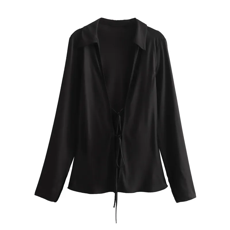 Camisa feminina de alta versão 2025 nova gola virada para baixo oco para fora feminina magro de manga comprida arco decorado seda cetim textura camisa