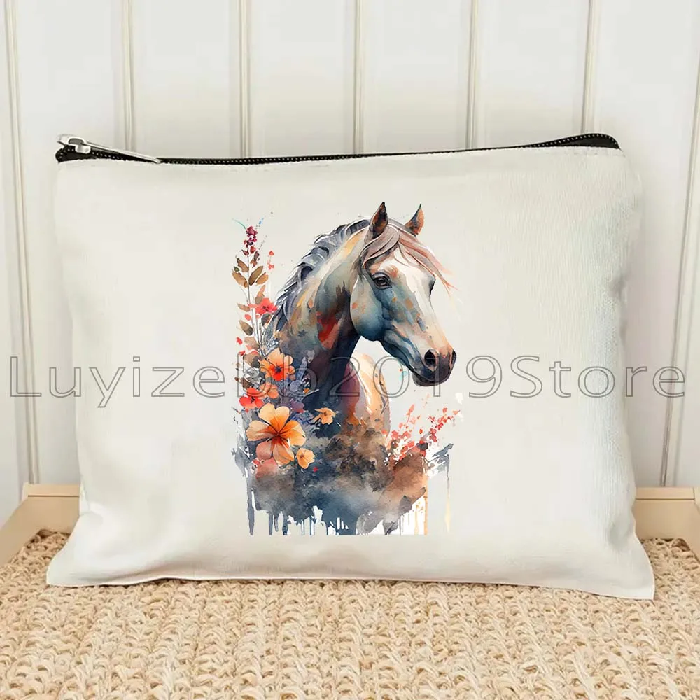 Wild Spirit Floral Horse Canvas Cosmetic Bag Oil Painting Makeup Toilet Bag Pencil Case Zipper Pouch Key Coin Purse Storage Bag