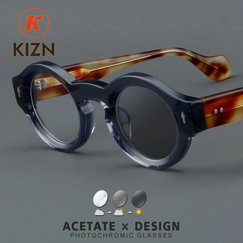 

Мужские очки для чтения KIZN: толстая оправа из ацетата, круглые, высококачественные, с фотохромными линзами, настраиваемые, в стиле ретро, для коррекции близорукости