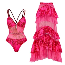 2024 Women Rose Red Flower Print Net Yarn Splicing One Piece Swimsuit and Tiered Skirt Beachwear bikini Two piece Bathing Suit