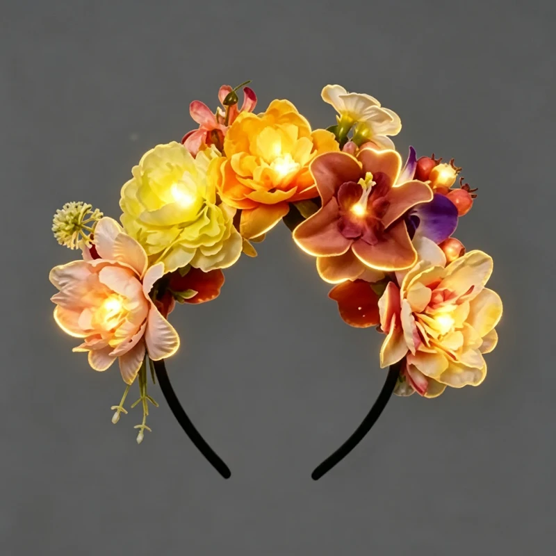 Day of the Dead Glowing Floral Halo Crown for Women led light up Vintage Peony Headpiece with Foliage for Gothic Boho Costume