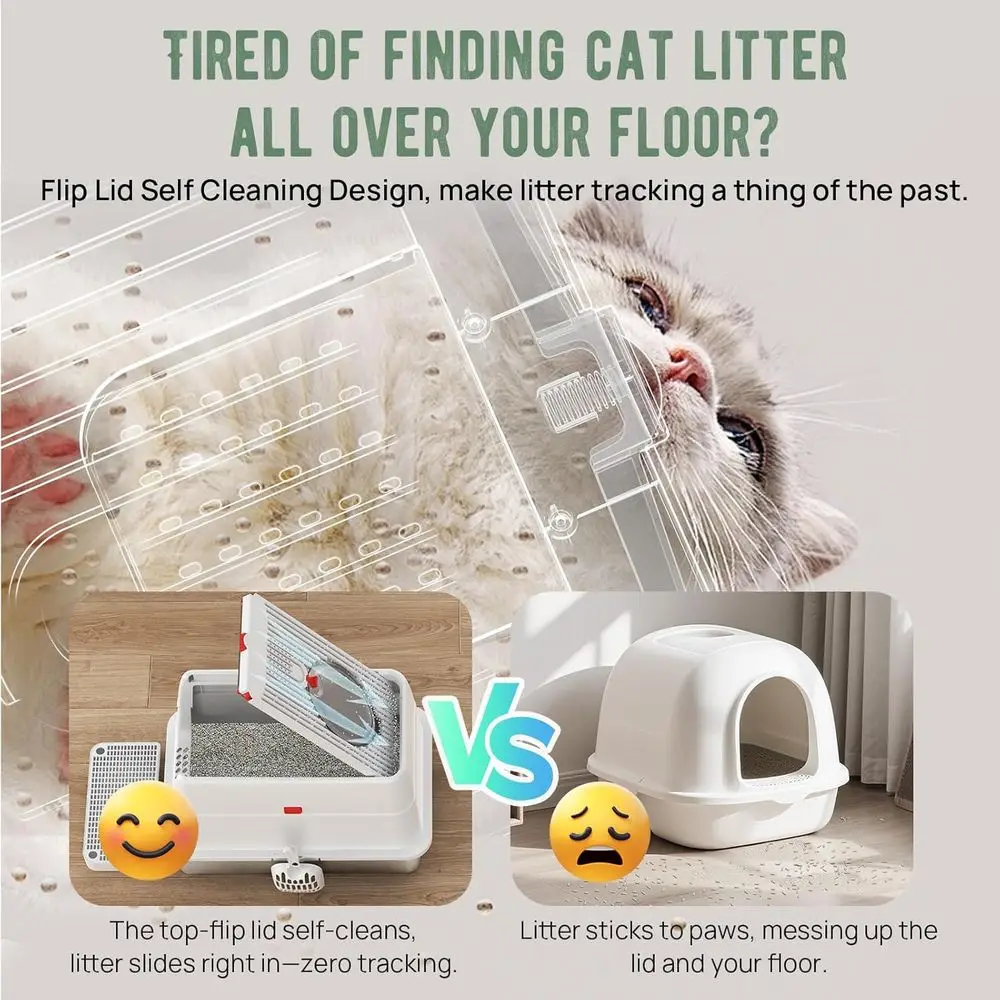 صندوق نفايات كبير جدًا من الفولاذ المقاوم للصدأ مع غطاء قلاب، تنظيف ذاتي، دخول علوي عالي الجوانب للقطط الكبيرة، فلتر كربون مدمج