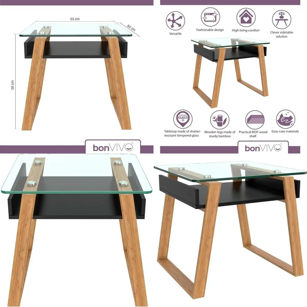 

Square Wooden Coffee Table with Glass Top - Modern Living Room Furniture, Small Bedside Table, Stylish End Table for Sofa, Bedro