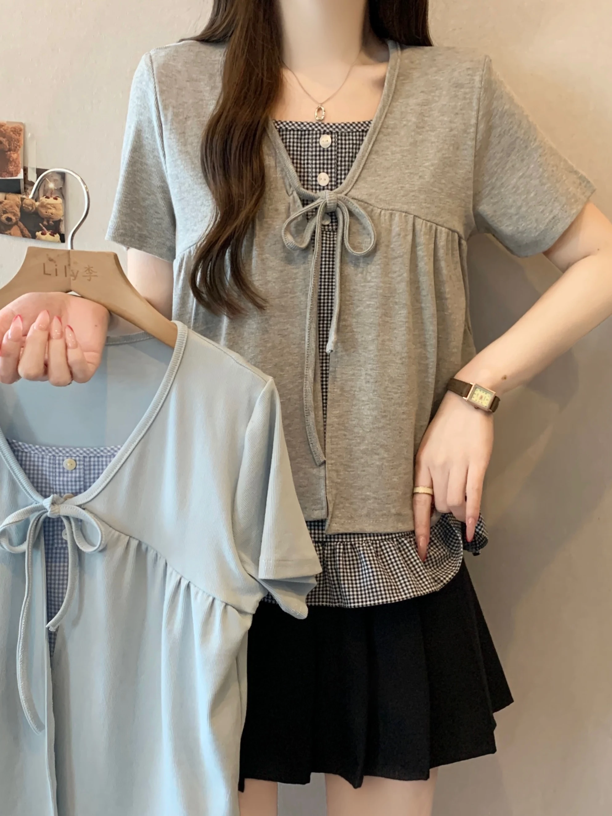 

Loose V-Neck Plaid Shirt Women Summer Slimming Korean Style Short Sleeve Belted Fake Two-Piece Shirt Breathable Skin-Friendly