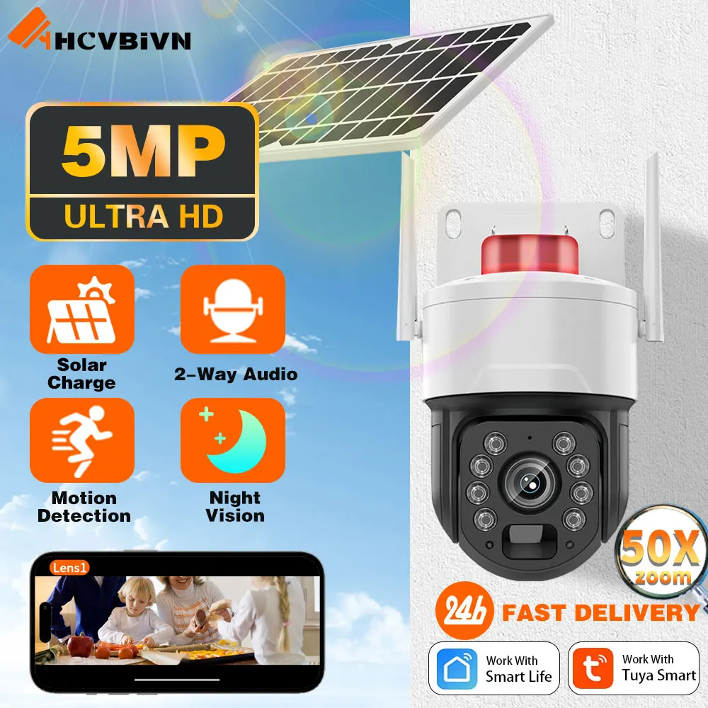 5MP Audio Surveillance IP Solar Camera 50X Optical Zoom Human Detection PTZ CCTV  Security WiFi Solar Panels Cam Tuya Smart Life