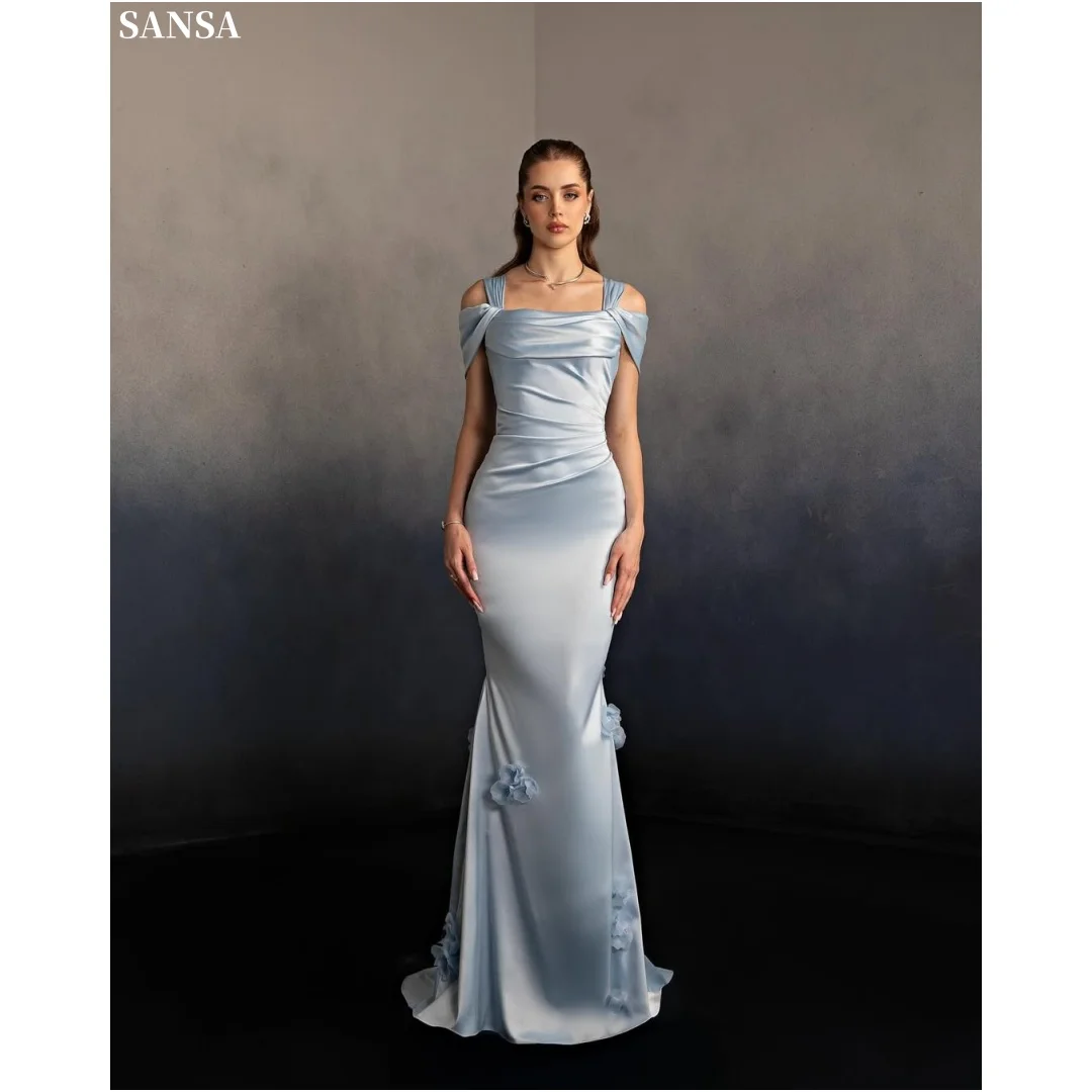 

Sansa Customized 2026 Dusty Blue Formal Dress with Asymmetric Off-Shoulder Design Ruched Satin Bodice Floor-Length Gala Attire