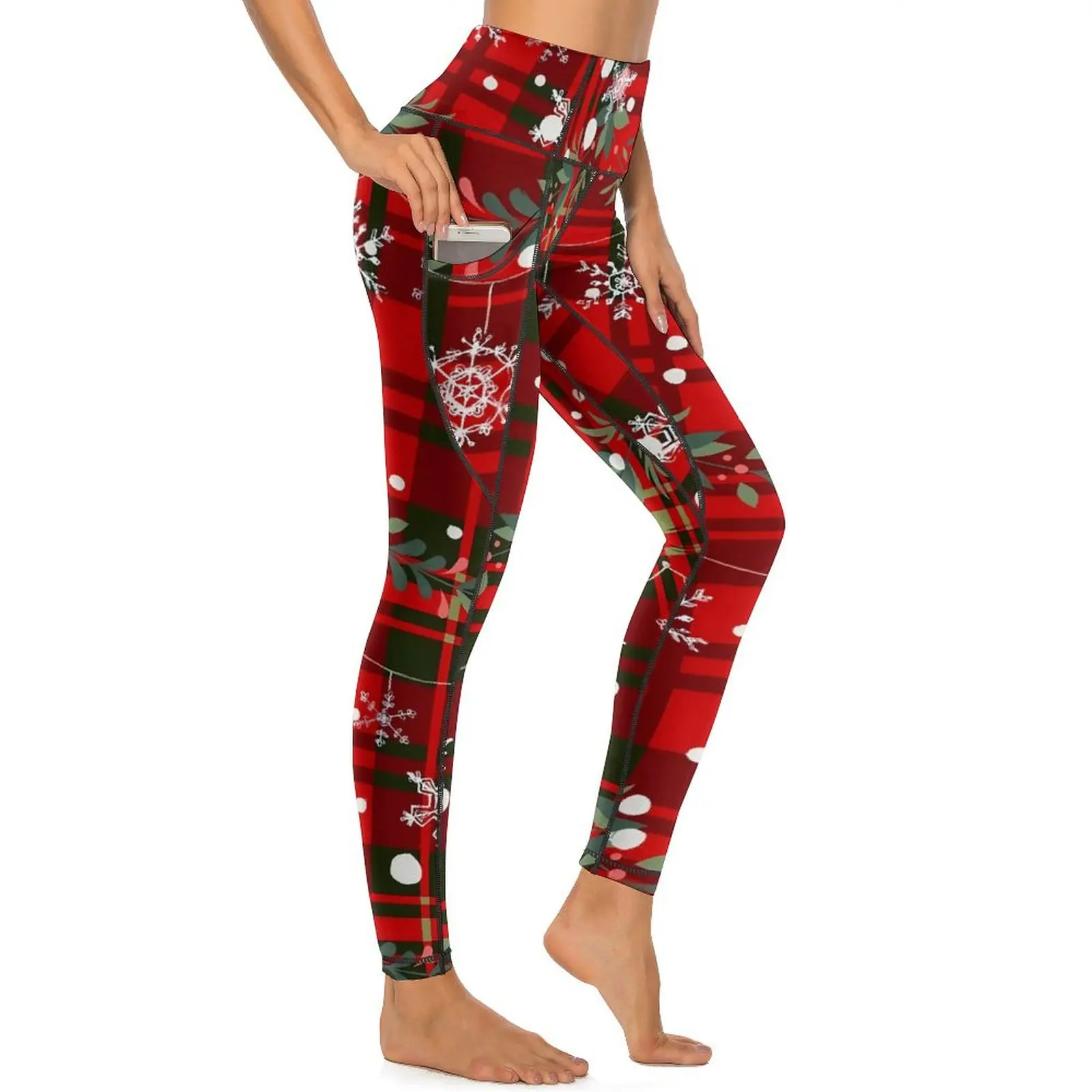 Christmas Snowflake Leggings Sexy Red Plaid Fitness Gym Yoga Pants Push Up Stretch Sports Tights With Pockets Elegant Leggins