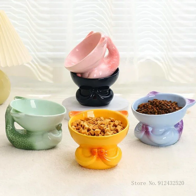 Ceramic Protection Lovely Fishtail Shaped Shape Drinking Water Food stuff Dog And Cat Bowl High Feet Tableware, Pet Product, 1Pc