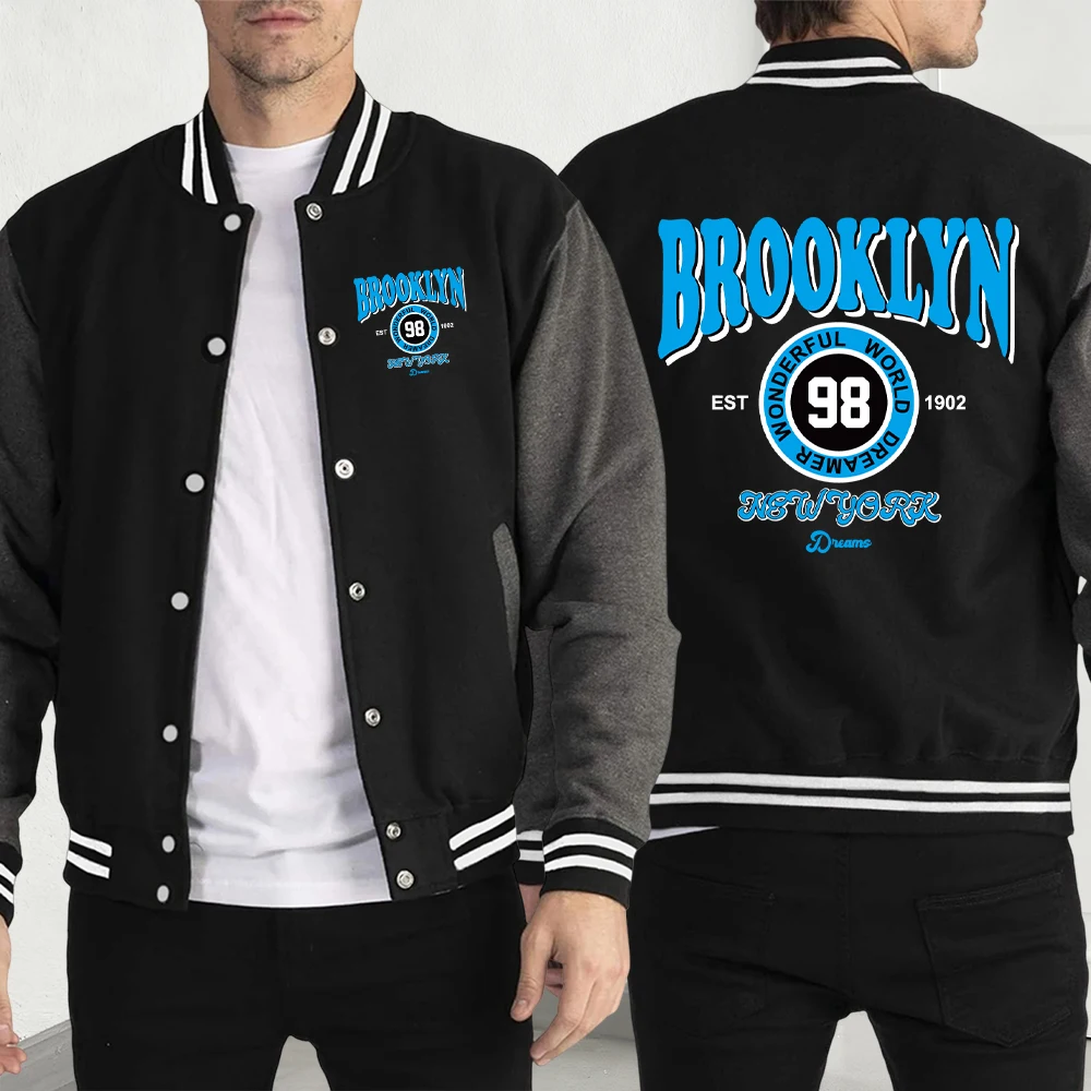 

Brooklyn New York 98, осенние мужские куртки с принтом, креативная одежда, свободный модный бейсбольный трикотаж, повседневная американская уличная одежда