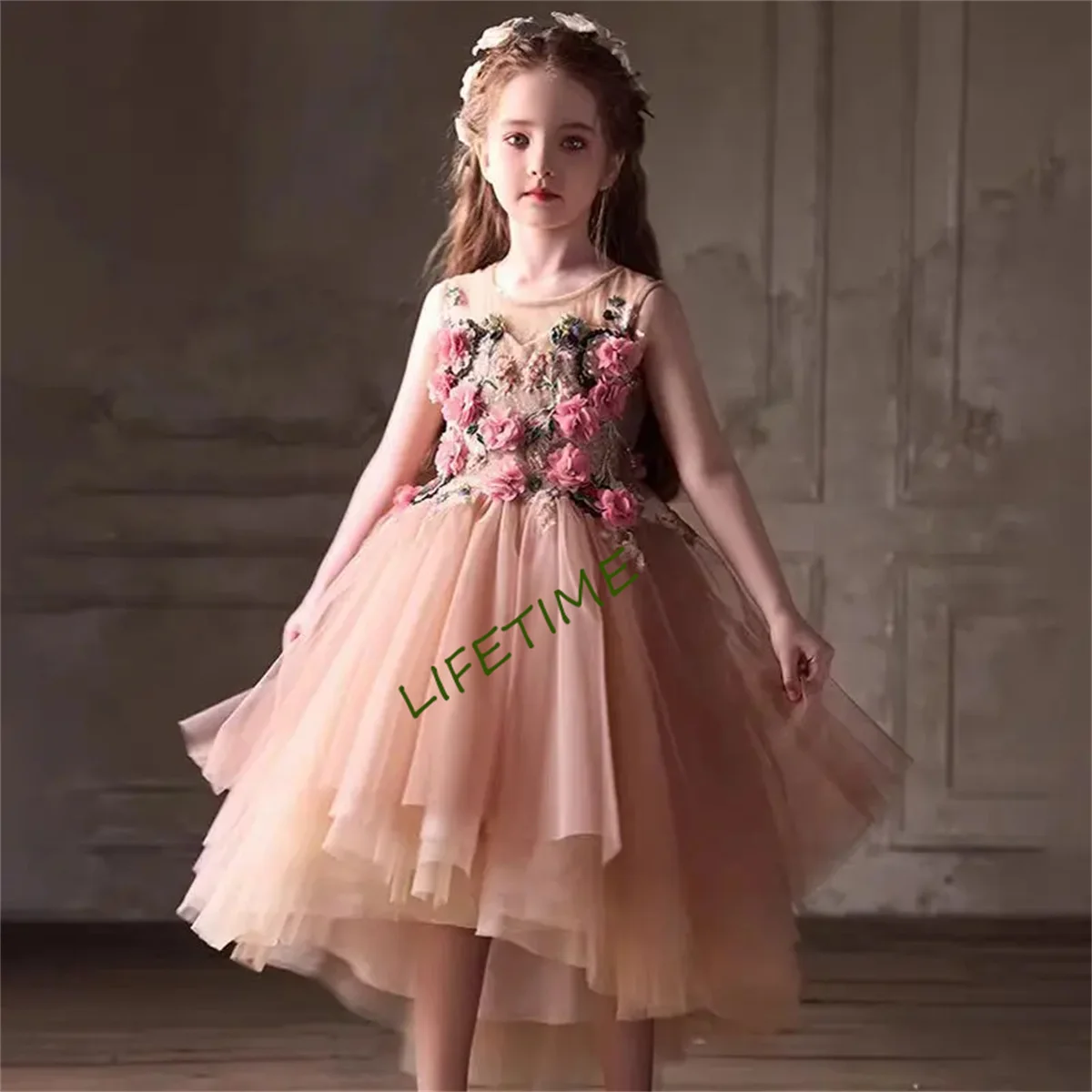 Personalizado elegante empoeirado rosa flor menina vestido flores a linha para crianças princesa casamento pageant festa de aniversário vestido de baile