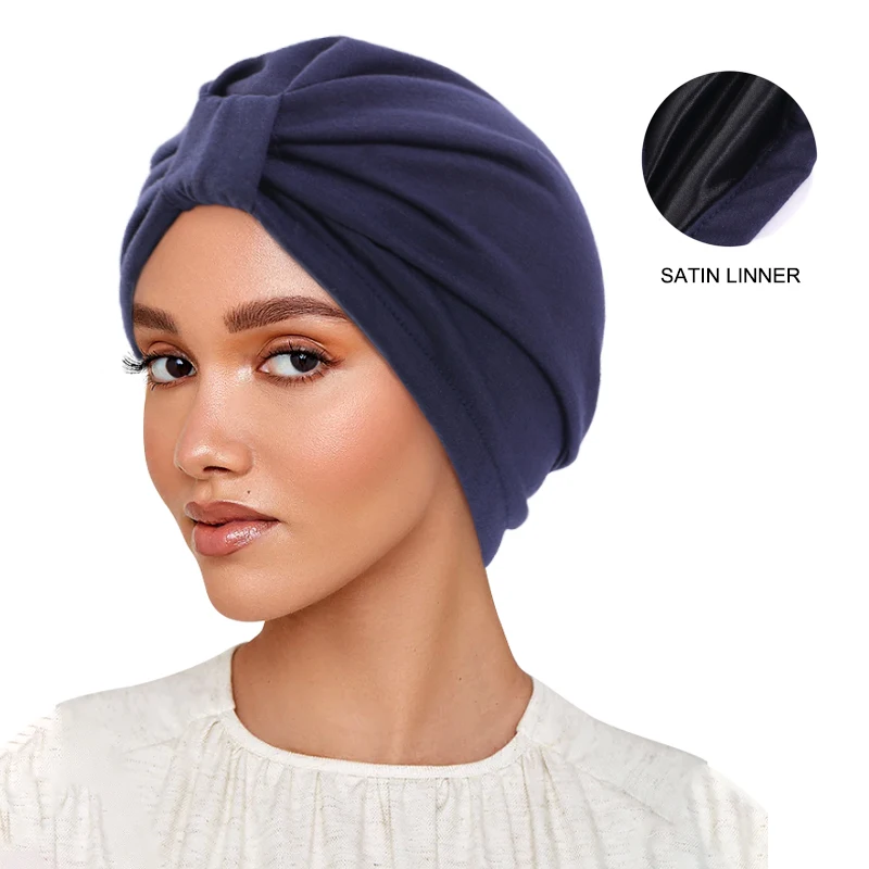 Women Muslim Cotton Turban India Headscarf Satin Lining Beanie Bonnet Hair Loss Chemo Cap Islamic Hat Headwear Stretch Head Wrap