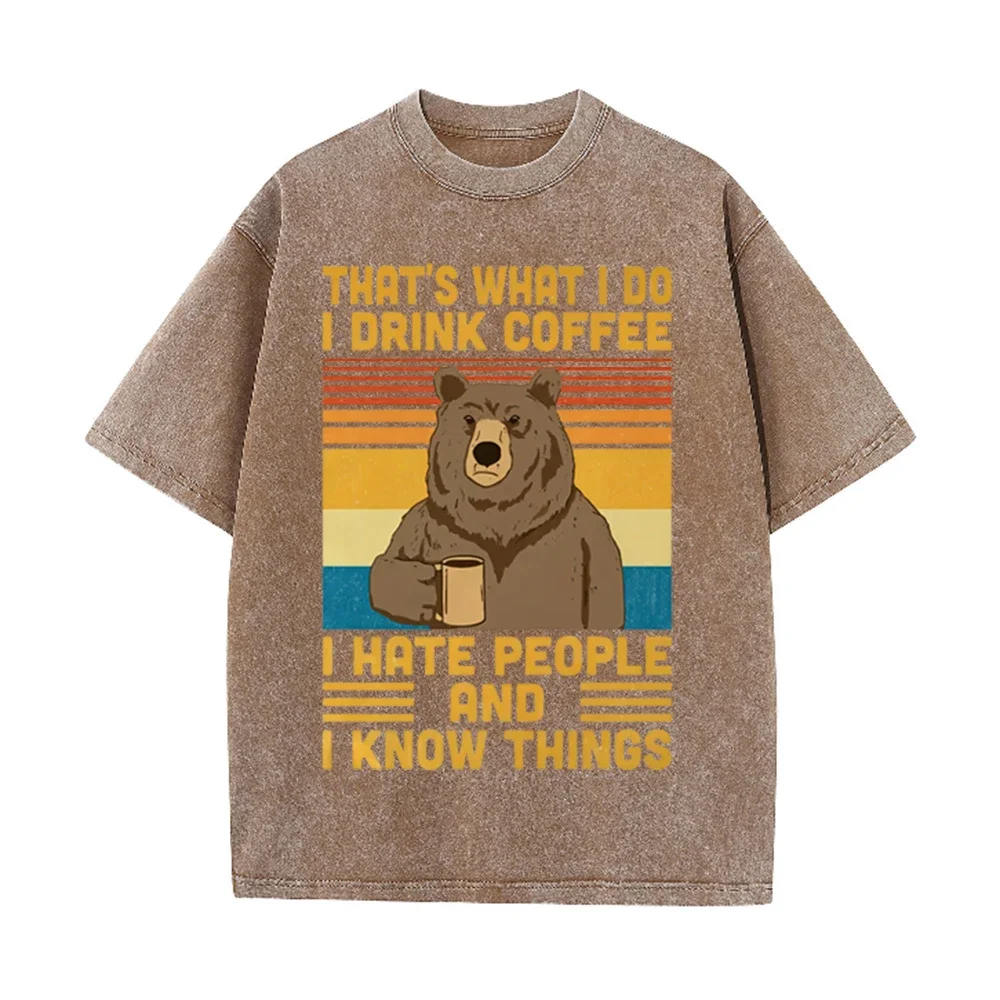 2026 Vintage Retro Striped Brown Bear Coffee Cup Graphic Black Acid Washed T Shirt Funny Sarcastic Quote Oversized Unisex Casual