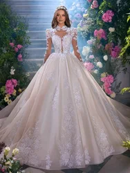 A Line High Neck Wedding Dress Covered Button Long Sleeve Appliques Lace Beads Bridal Dresses Robe De Mariee Customized