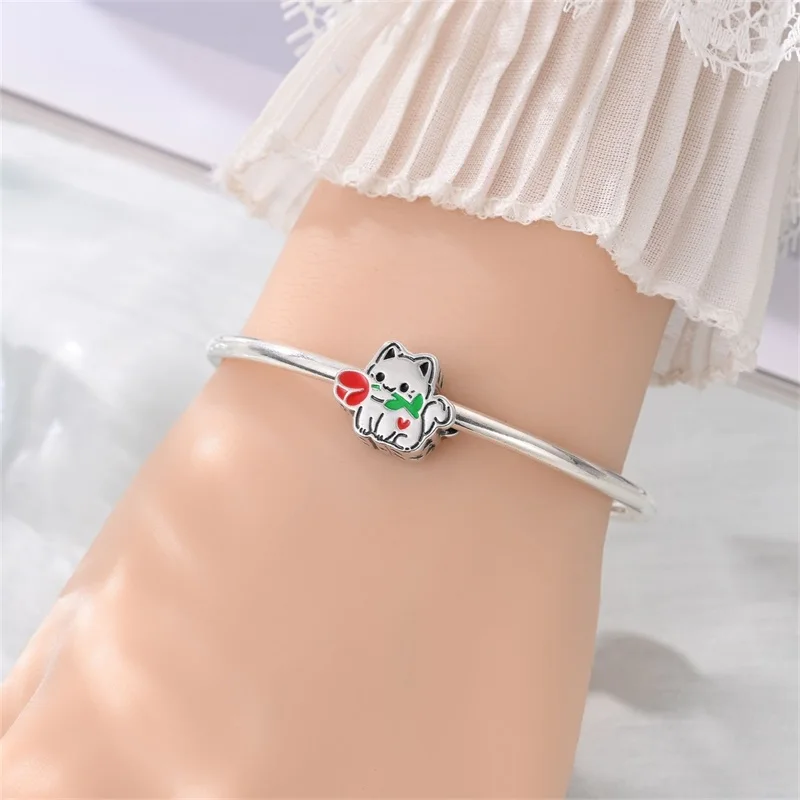 Original 925 Sterling Silver Cute Apple Puppy Happy Little Cat Charms Beads Fit DIY S925 Bracelet Women Birthday Jewelry Gift