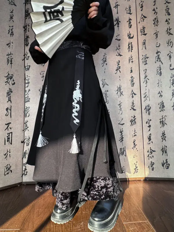 

New Chinese Sle Wide Leg Pants Loose Hanfu Nine Points Personalized Hairst Trendy Embroidery Patchwork Retro Casual Pants