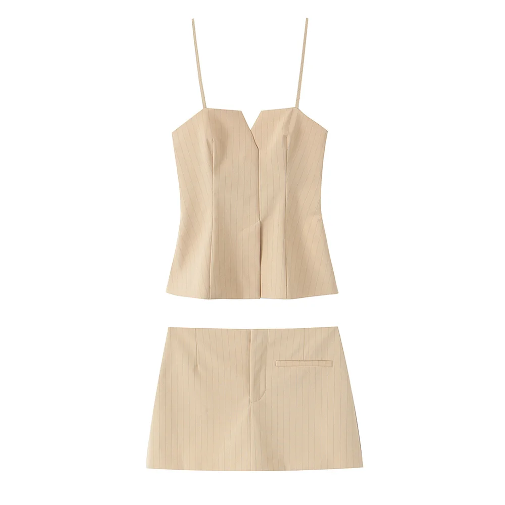 

PB&ZA2025 Fashionable Elegant Slimming Versatile Contemporary Women's Beige Pinstripe Strappy Top and Mini Skirt Set