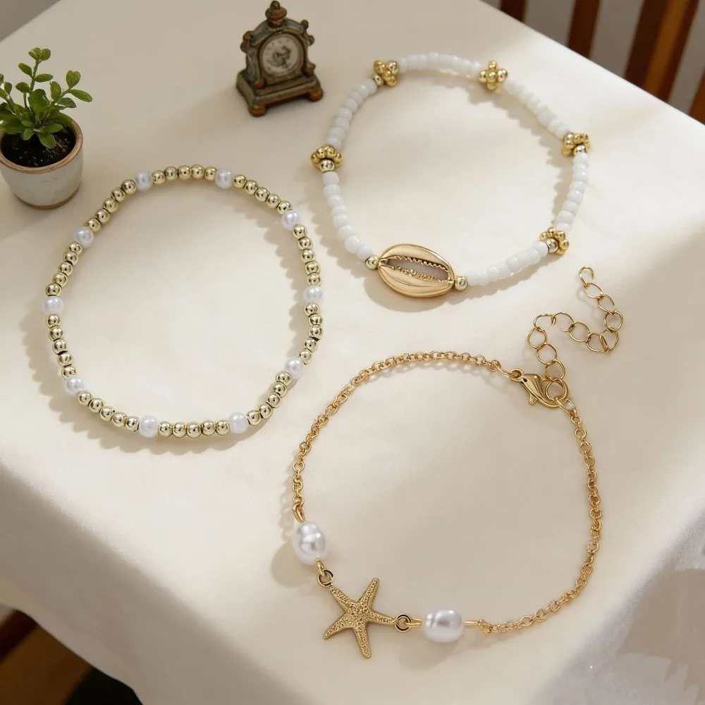 3Pcs Pearl Shell Bracelet Set Universal Stretch Beaded Bracelet Set Starfish Charm Multiple Layers Bracelet Women's Jewelry