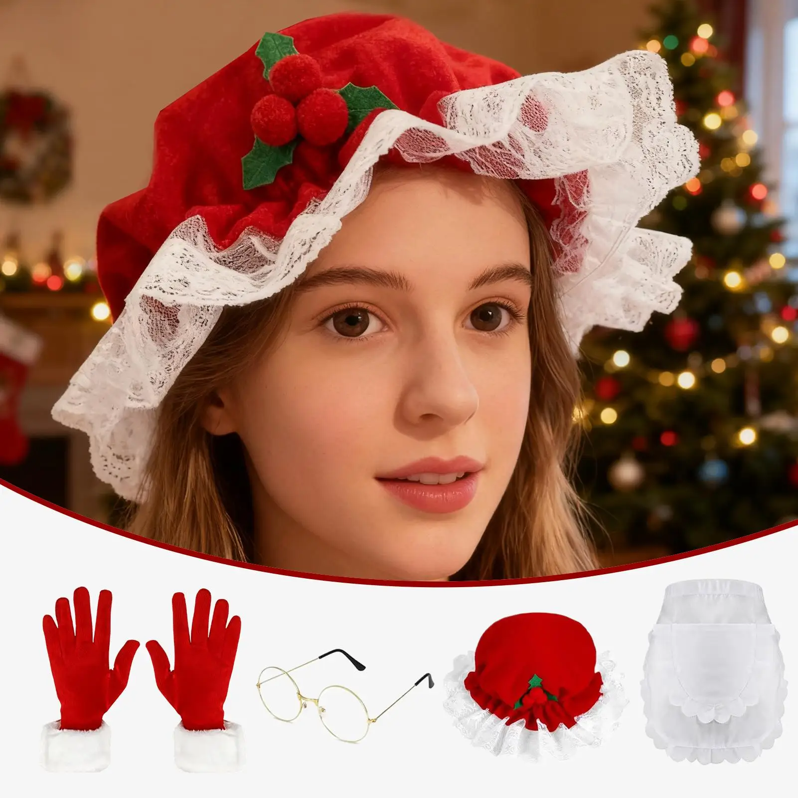 إكسسوارات سانتا تلبيس قبعة نظارات قفازات المئزر عيد الميلاد سانتا زي اكسسوارات مجموعة للنساء عطلة حفلة تأثيري